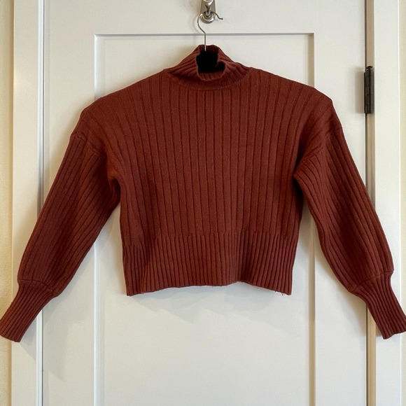 Womens‎ Cropped Ribbed Sweater Mock Turtleneck Rust Red Brown Fisherman College - Picture 2 of 8